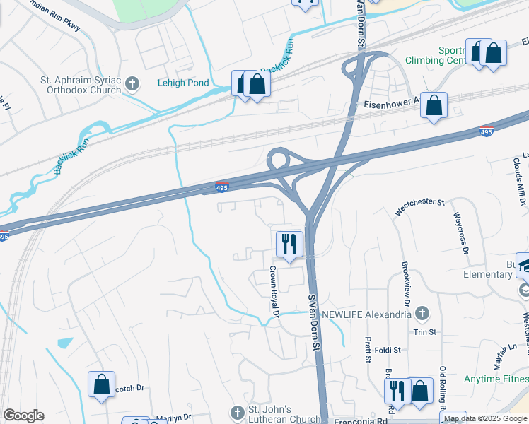 map of restaurants, bars, coffee shops, grocery stores, and more near 6017 Archstone Way in Franconia