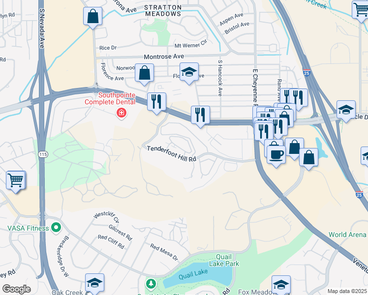 map of restaurants, bars, coffee shops, grocery stores, and more near 2795 Reeve Circle in Colorado Springs