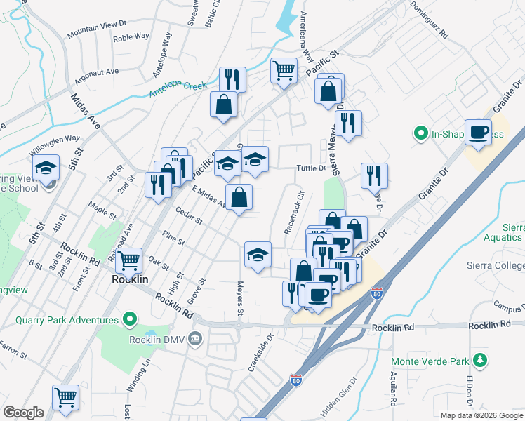 map of restaurants, bars, coffee shops, grocery stores, and more near 4720 Racetrack Road in Rocklin