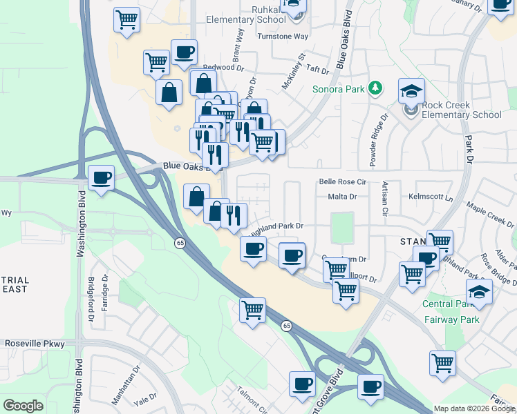map of restaurants, bars, coffee shops, grocery stores, and more near 8422 Oliva Road in Roseville