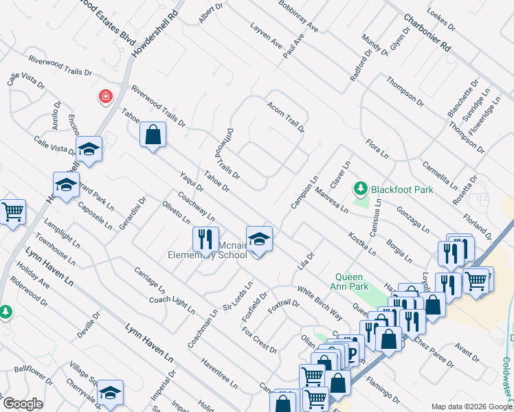 map of restaurants, bars, coffee shops, grocery stores, and more near 1916 Driftwood Trails Drive in Florissant