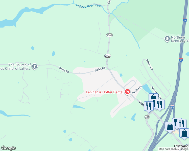 map of restaurants, bars, coffee shops, grocery stores, and more near 1110 Violet Road in Crittenden