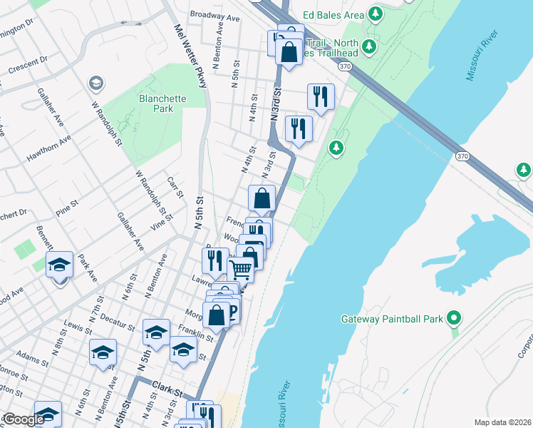 map of restaurants, bars, coffee shops, grocery stores, and more near 1612 North 3rd Street in Saint Charles