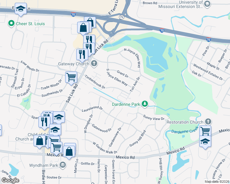 map of restaurants, bars, coffee shops, grocery stores, and more near 105 Timberbrook Drive in St. Peters