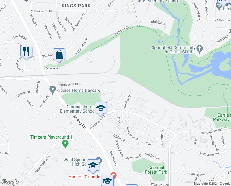 map of restaurants, bars, coffee shops, grocery stores, and more near 8511 Barrington Court in Springfield