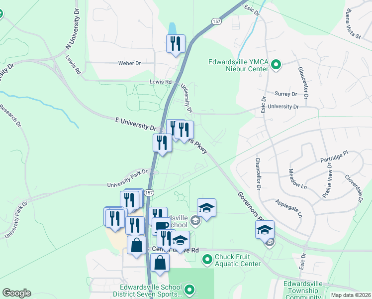 map of restaurants, bars, coffee shops, grocery stores, and more near Governors Parkway in Edwardsville