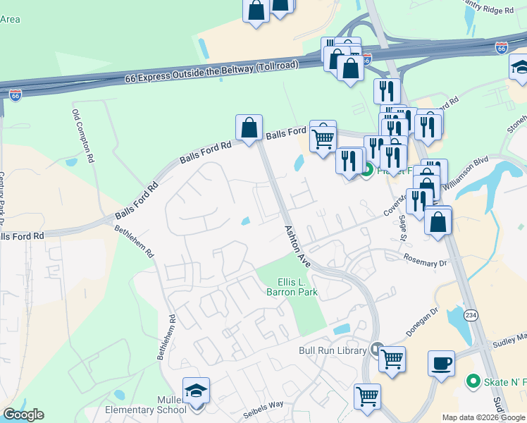 map of restaurants, bars, coffee shops, grocery stores, and more near 7464 Willoughby Lane in Manassas