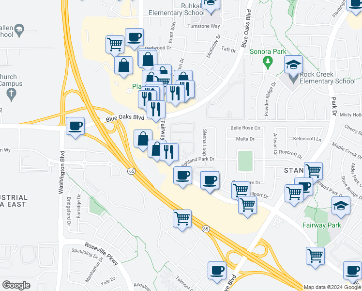 map of restaurants, bars, coffee shops, grocery stores, and more near 8423 Oliva Road in Roseville