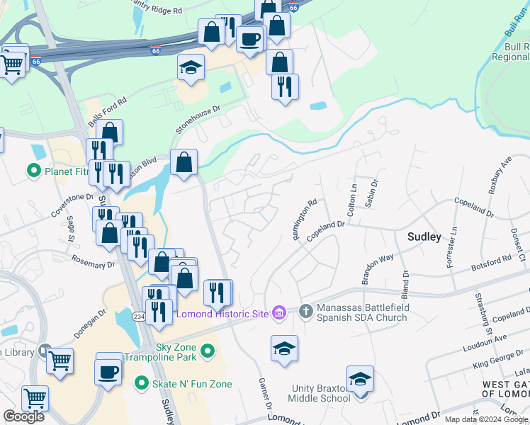 map of restaurants, bars, coffee shops, grocery stores, and more near 10512 Oronoco Lane in Manassas