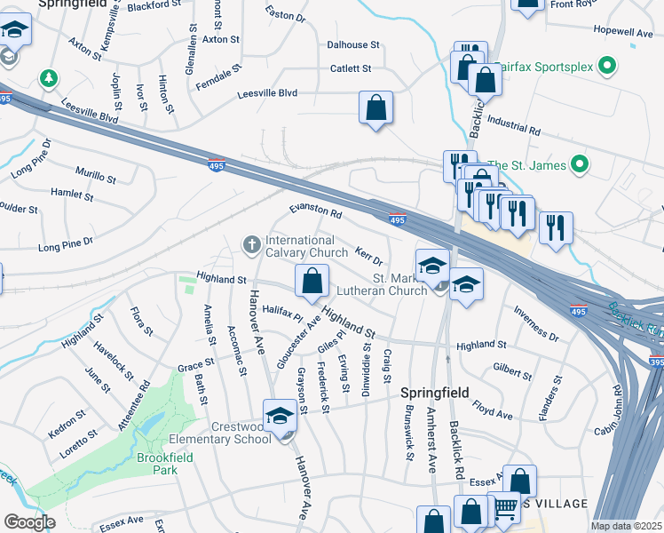 map of restaurants, bars, coffee shops, grocery stores, and more near 7118 Healy Drive in Springfield