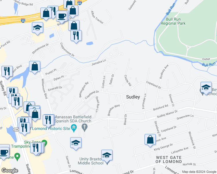 map of restaurants, bars, coffee shops, grocery stores, and more near 10115 Henry Court in Manassas