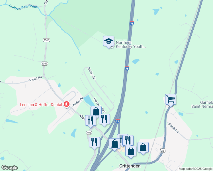 map of restaurants, bars, coffee shops, grocery stores, and more near 215 Milo Court in Crittenden