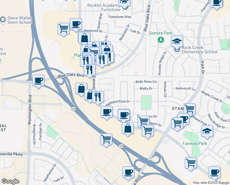 map of restaurants, bars, coffee shops, grocery stores, and more near 8476 Cortina Circle in Roseville