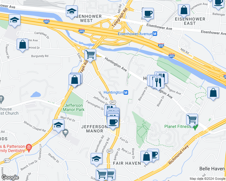 map of restaurants, bars, coffee shops, grocery stores, and more near 5711 North Kings Highway in Alexandria