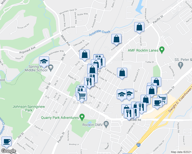 map of restaurants, bars, coffee shops, grocery stores, and more near 4915 Pacific Street in Rocklin