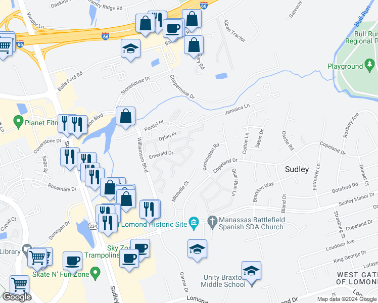 map of restaurants, bars, coffee shops, grocery stores, and more near 7312 Rokeby Drive in Manassas