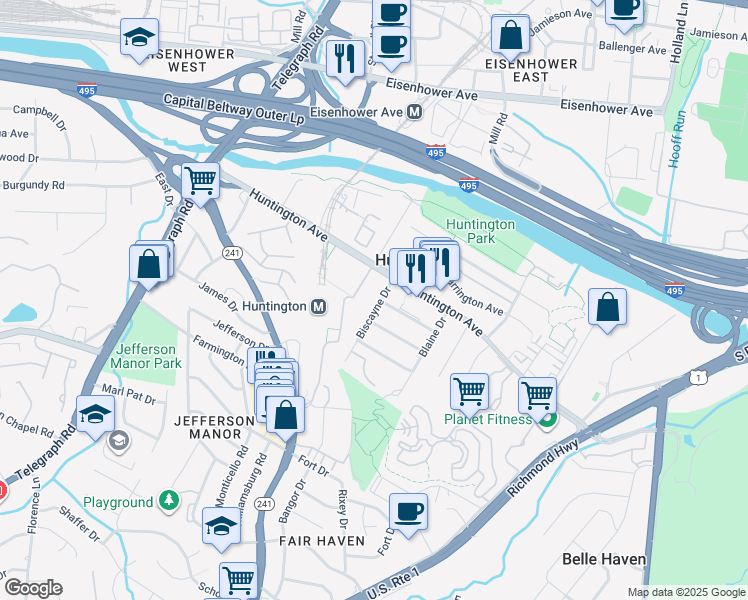 map of restaurants, bars, coffee shops, grocery stores, and more near 5746 Biscayne Drive in Alexandria