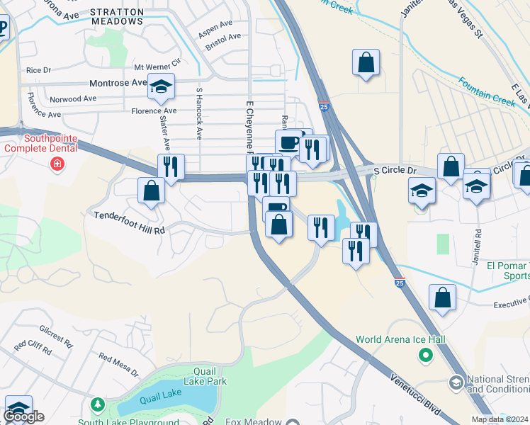map of restaurants, bars, coffee shops, grocery stores, and more near 1670 East Cheyenne Mountain Boulevard in Colorado Springs