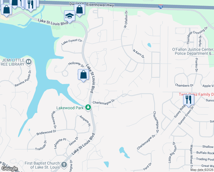 map of restaurants, bars, coffee shops, grocery stores, and more near 31 Forest Lane in O'Fallon