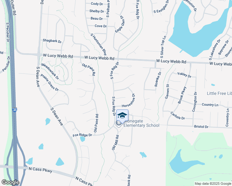 map of restaurants, bars, coffee shops, grocery stores, and more near 1520 Wrangler Way in Raymore