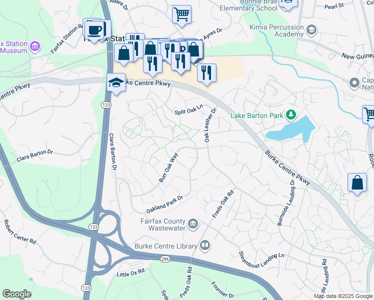 map of restaurants, bars, coffee shops, grocery stores, and more near 10729 Burr Oak Way in Burke