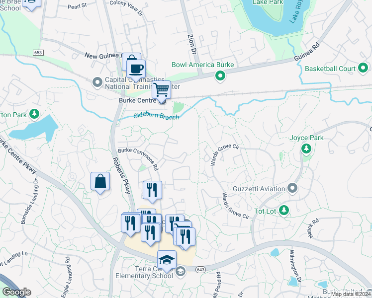map of restaurants, bars, coffee shops, grocery stores, and more near 5800 Chase Commons Court in Burke