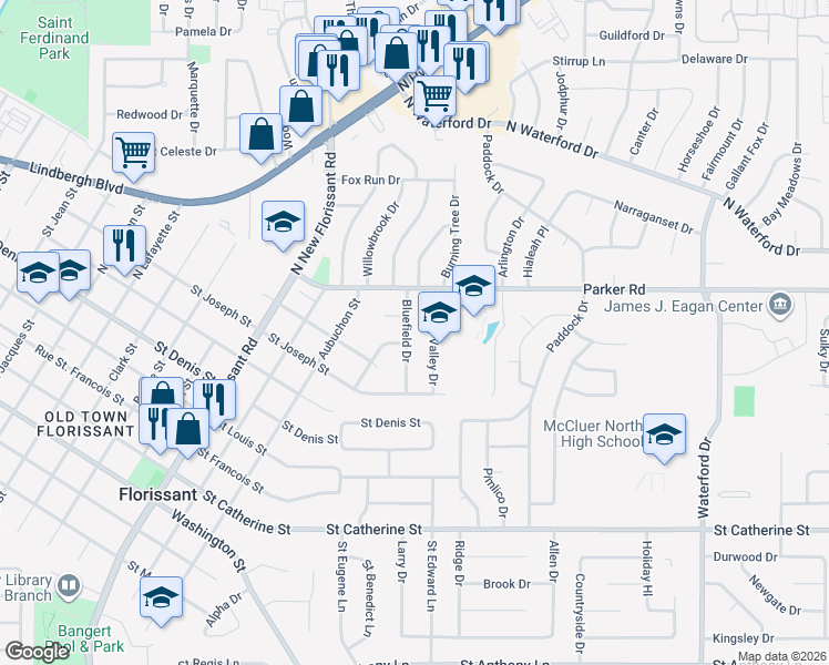 map of restaurants, bars, coffee shops, grocery stores, and more near 1215 Spring Valley Drive in Florissant
