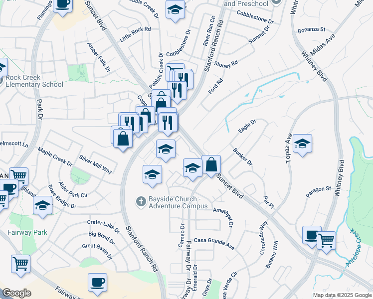 map of restaurants, bars, coffee shops, grocery stores, and more near 408 Beachcomber Drive East in Rocklin