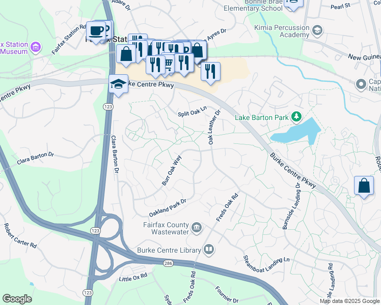 map of restaurants, bars, coffee shops, grocery stores, and more near 10729 Burr Oak Way in Burke