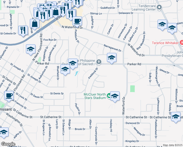 map of restaurants, bars, coffee shops, grocery stores, and more near 2480 Churchill Downs in Florissant