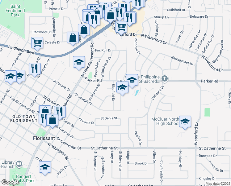 map of restaurants, bars, coffee shops, grocery stores, and more near 1215 Spring Valley Drive in Florissant