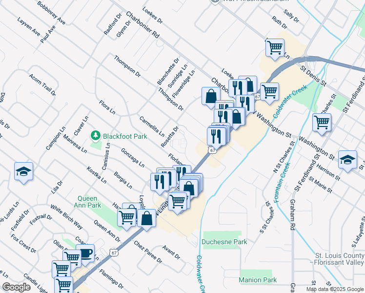map of restaurants, bars, coffee shops, grocery stores, and more near 680 Mescalero Court in Florissant