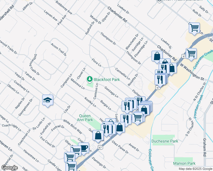 map of restaurants, bars, coffee shops, grocery stores, and more near 870 Bellarmine Lane in Florissant