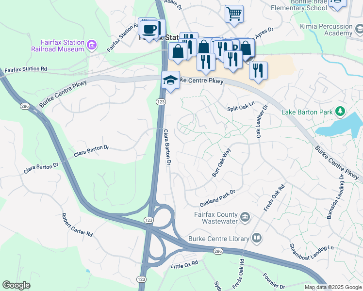 map of restaurants, bars, coffee shops, grocery stores, and more near 5914 Carters Oak Court in Burke