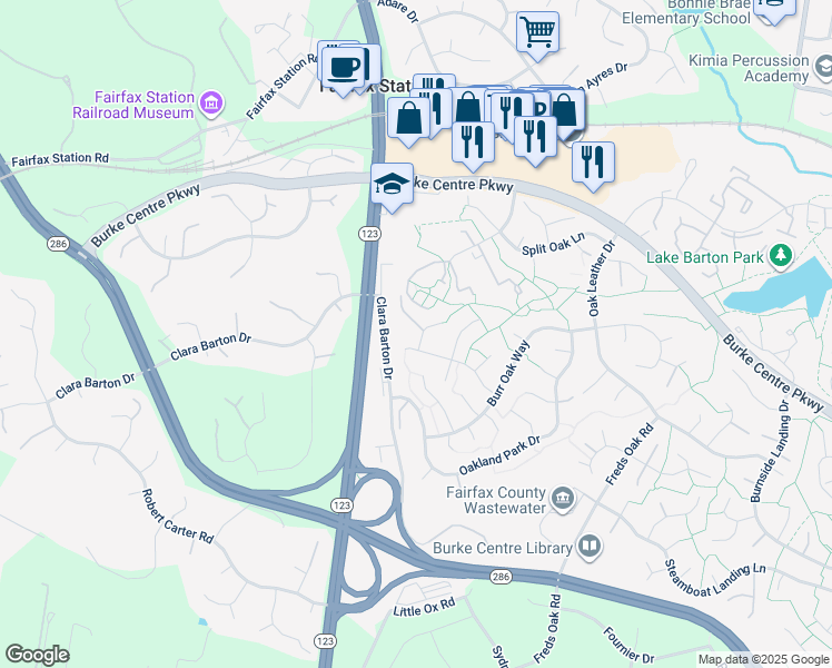 map of restaurants, bars, coffee shops, grocery stores, and more near 5914 Carters Oak Court in Burke