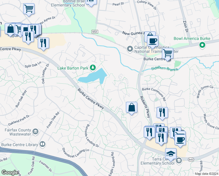 map of restaurants, bars, coffee shops, grocery stores, and more near 5908 Cove Landing Road in Burke
