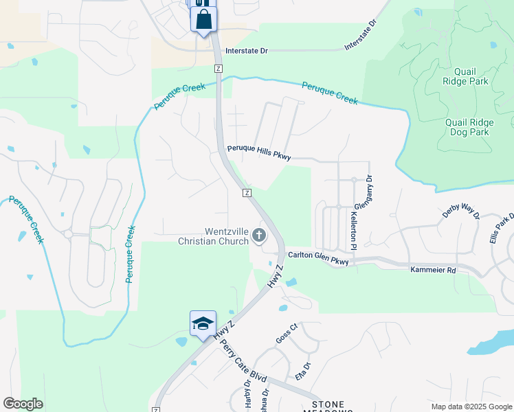 map of restaurants, bars, coffee shops, grocery stores, and more near Highway Z in Wentzville