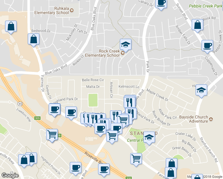 map of restaurants, bars, coffee shops, grocery stores, and more near Artisan Circle in Roseville
