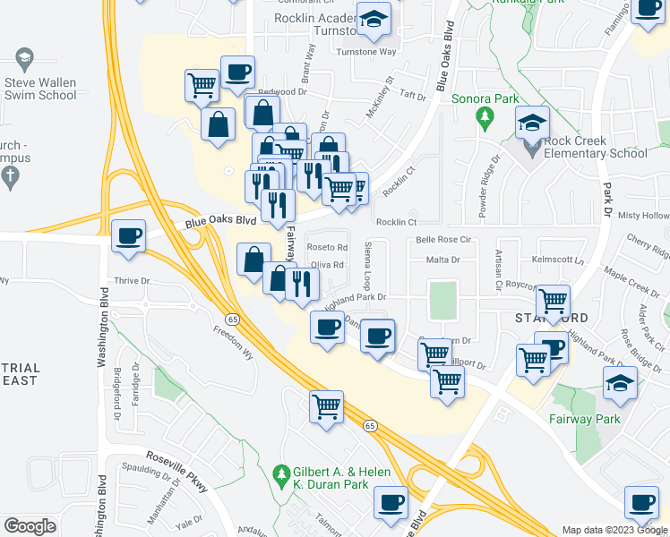 map of restaurants, bars, coffee shops, grocery stores, and more near 8359 Oliva Road in Roseville