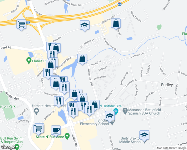 map of restaurants, bars, coffee shops, grocery stores, and more near 10547 Stonington Lane in Manassas