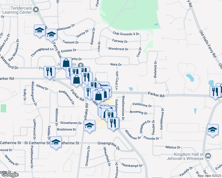 map of restaurants, bars, coffee shops, grocery stores, and more near 18 Renee Drive in Florissant