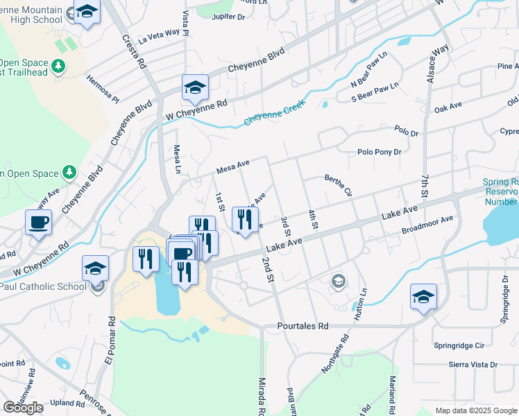 map of restaurants, bars, coffee shops, grocery stores, and more near 25 Maple Avenue in Colorado Springs