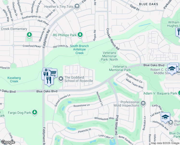 map of restaurants, bars, coffee shops, grocery stores, and more near 1864 Ellesmere Loop in Roseville