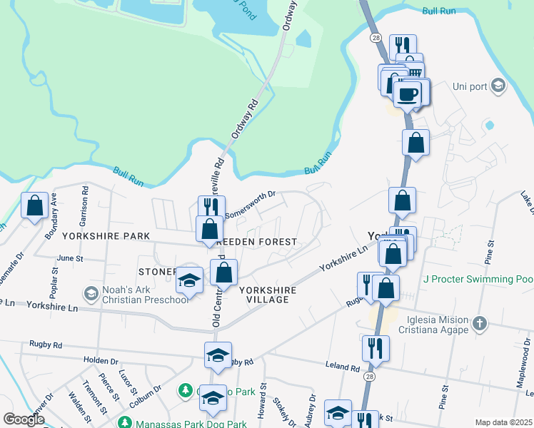 map of restaurants, bars, coffee shops, grocery stores, and more near 7515 Tendring Trail in Manassas