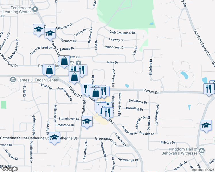 map of restaurants, bars, coffee shops, grocery stores, and more near 18 Renee Drive in Florissant