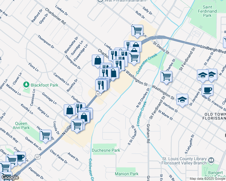 map of restaurants, bars, coffee shops, grocery stores, and more near 100 North Highway 67 in Florissant