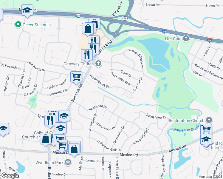 map of restaurants, bars, coffee shops, grocery stores, and more near 94 Timberbrook Drive in St. Peters