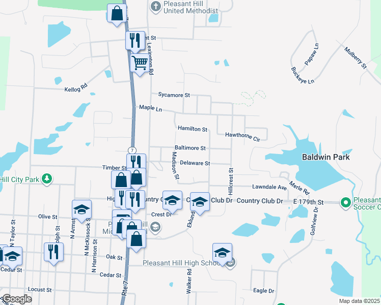 map of restaurants, bars, coffee shops, grocery stores, and more near 1300 Baltimore Street in Pleasant Hill