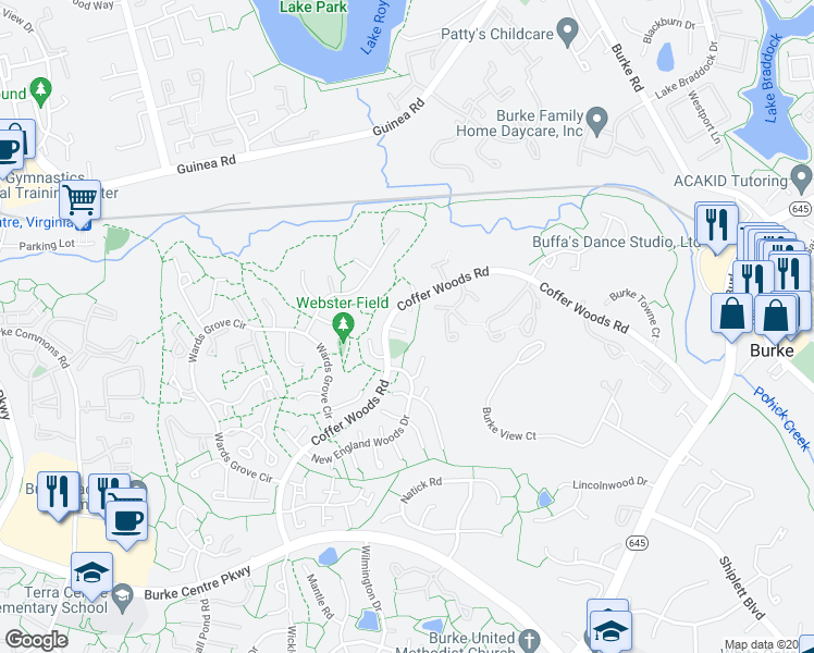 map of restaurants, bars, coffee shops, grocery stores, and more near 9913 Coffer Woods Road in Burke