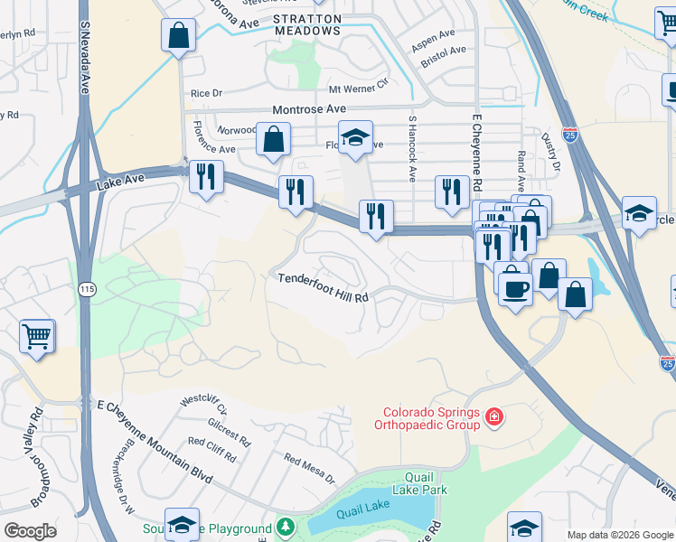 map of restaurants, bars, coffee shops, grocery stores, and more near 846 Tenderfoot Hill Road in Colorado Springs